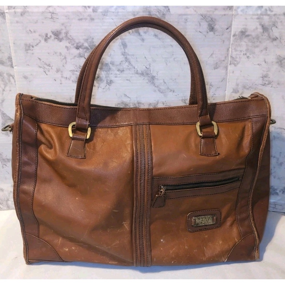 Vintage LAND Brand Brown Leather Duffel Overnight Briefcase Bag 18"x13"x7"
